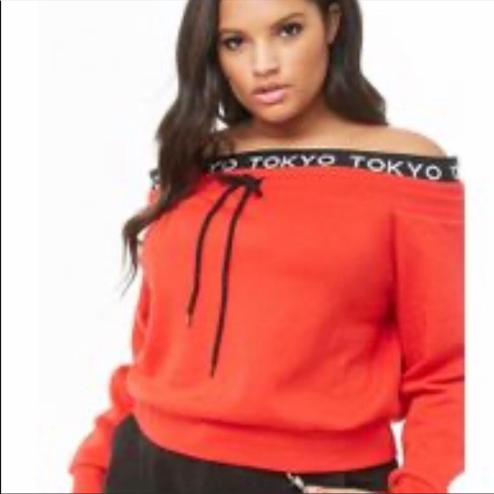 Forever 21 Plus Tokyo Off the Shoulder Sweatshirt Top in Red/Black
